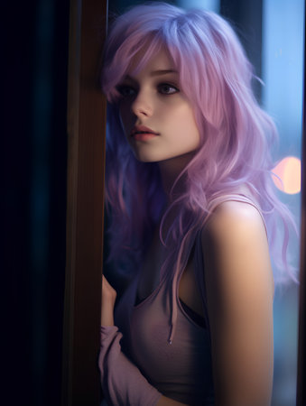 Portrait of a beautiful young girl with purple hair in a dark roomの素材