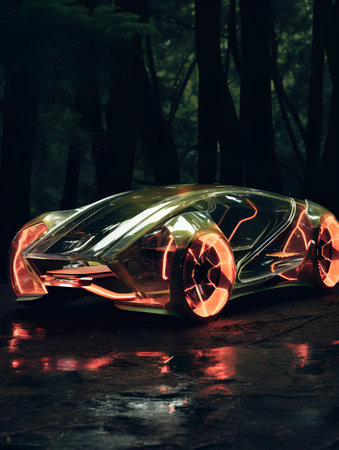 3D rendering of a futuristic car in the forest with glowing lightsの素材