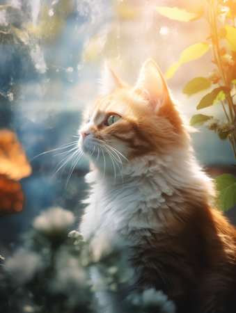 Cute ginger cat with blue eyes sitting in the garden at sunsetの素材