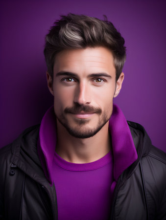 Portrait of a handsome young man in a black jacket and purple scarf.の素材
