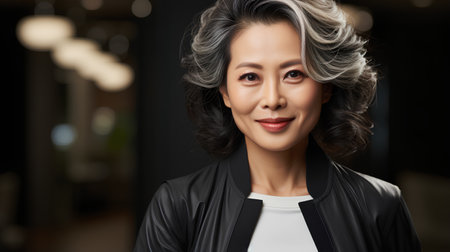 portrait of smiling asian businesswoman in black jacket at officeの素材