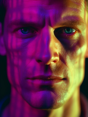 Close-up portrait of a man with blue eyes and purple light on his face.の素材