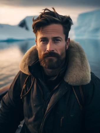 Portrait of a handsome bearded man in a warm jacket on a boat in the Arcticの素材