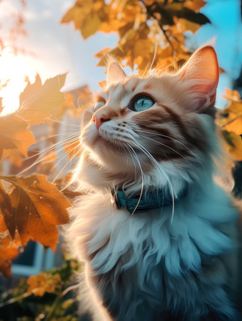 Portrait of a beautiful cat on the background of autumn leaves.の素材