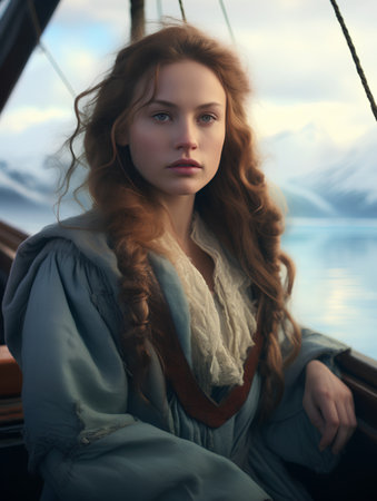 Portrait of a beautiful young woman on the deck of a shipの素材