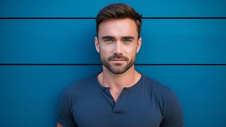 Portrait of handsome young man with beard against blue wooden wall.の素材