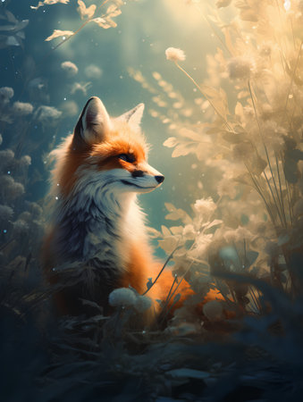 Red fox in the meadow with dandelions at sunset.の素材