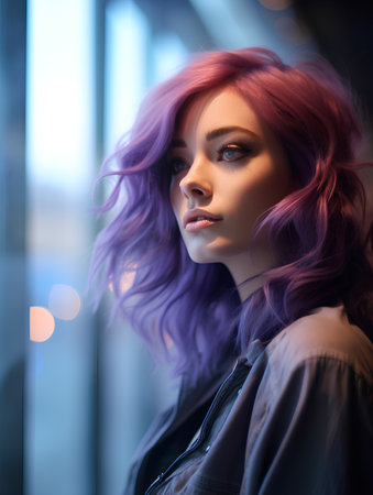 Portrait of a beautiful young woman with purple hair. Beauty, fashion.の素材