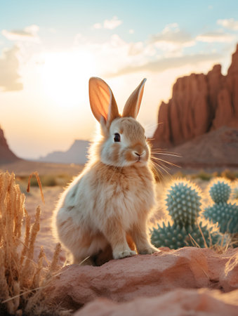 Cute rabbit sitting in the desert at sunset. Colorful background with copy space.の素材