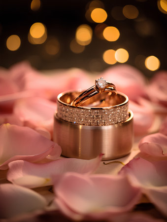 Wedding rings on rose petals with bokeh backgroundの素材
