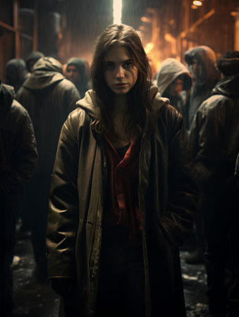 Portrait of a young woman standing in the middle of a crowd at nightの素材