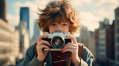 Portrait of a boy with a camera on the background of the cityの素材