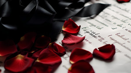 Red rose petals and black ribbon on a white sheet of paperの素材