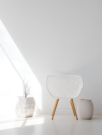 Interior of modern living room with white walls, concrete floor, white armchair and decorative vase. 3d renderの素材