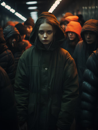 A young girl in a black jacket and a hood stands in an underground passage.の素材