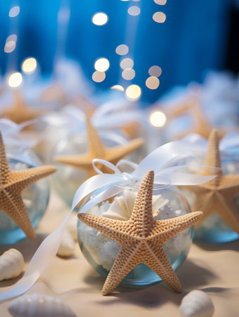 Starfish in glass vase with ribbon on blue bokeh backgroundの素材