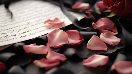 Romantic background with rose petals on black background, close upの素材