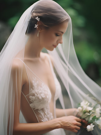 Beautiful bride in wedding dress with makeup and hairstyle holding bouquetの素材