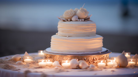 wedding cake on the beach with candles and sea shells.の素材