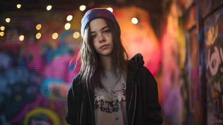 Portrait of a beautiful young girl in a hat and a coat on a background of graffitiの素材