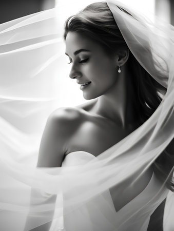 Portrait of beautiful bride in white veil. Black and white photo.の素材