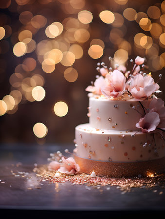 Beautiful wedding cake with pink flowers on a bokeh backgroundの素材