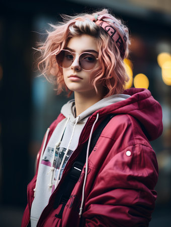 Fashionable young woman with pink hair and sunglasses in the cityの素材