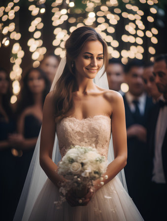 Beautiful bride in a wedding dress with a bouquet of flowersの素材