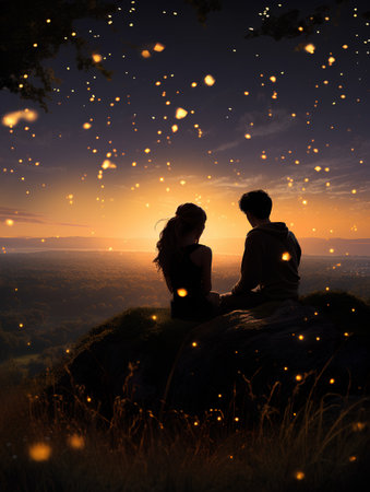 Young couple sitting on top of a mountain and looking at the sunsetの素材