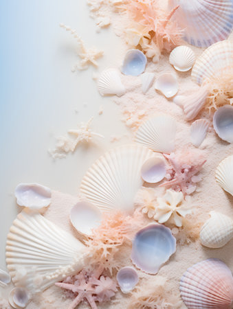 Seashells and starfish on white sand. Summer backgroundの素材