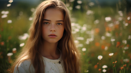 Portrait of a beautiful young girl in a field of flowers.の素材