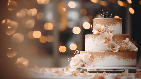 Wedding cake with flowers on the background of bokehの素材