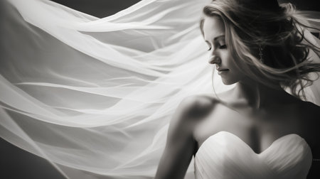 Portrait of a beautiful woman in a white wedding dress and veilの素材