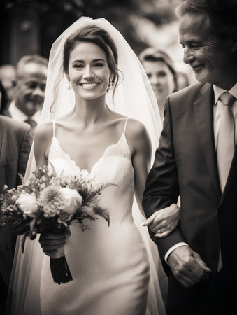Bride and groom on their wedding day. Black and white photo.の素材
