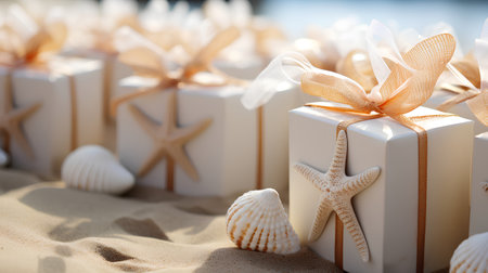 Holiday background with seashells, starfish and gift boxesの素材