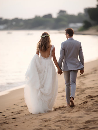 Wedding couple walking on the beach at sunset. Bride and groomの素材