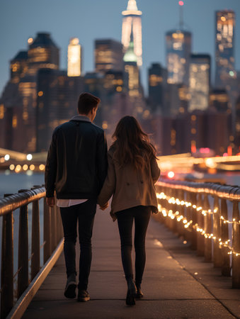 Couple walking on the bridge at night in New York City.の素材
