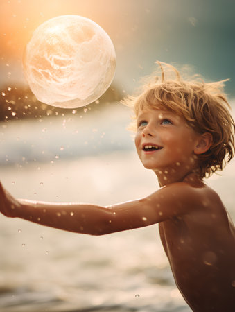 Happy child playing with soap bubbles on the beach. Kid having fun on summer vacation.の素材
