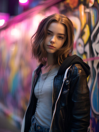 Portrait of a beautiful young woman with long hair in a black leather jacket in the cityの素材