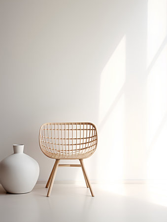 Empty room with wicker chair and vase. 3d renderの素材