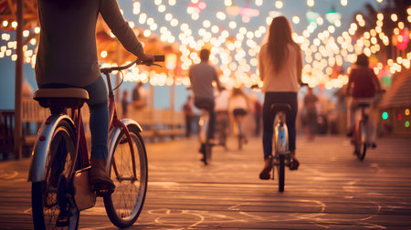 Cyclists on the promenade in the city at nightの素材