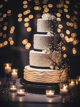 Wedding cake with flowers and candles on the background of bokehの素材