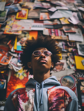 Beautiful african american woman with afro hairstyle and sunglasses in the cityの素材
