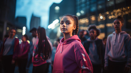 young beautiful african american woman in sportswear posing in the cityの素材