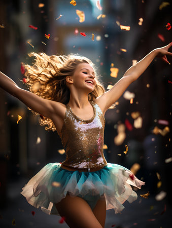 Beautiful young woman dancing with flying confetti in the city.の素材