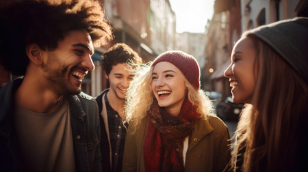 Group of friends having fun on the street. Young people walking in the city.の素材