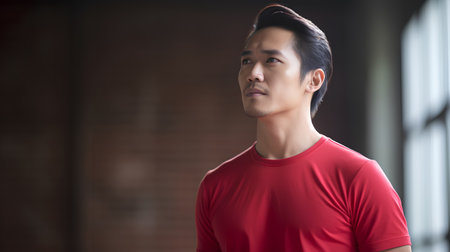 Portrait of asian man in red t-shirt against brick wallの素材