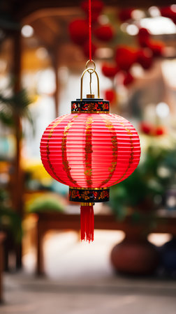 Chinese lanterns in Chinese restaurant, blurred background with bokehの素材