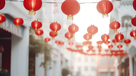 Lanterns hanging on the wall in chinese temple.の素材