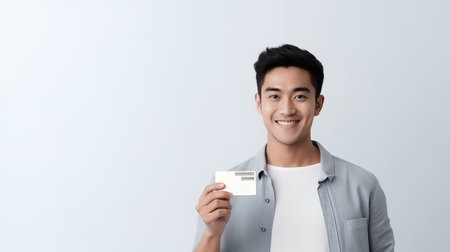 Young asian man holding credit card on white background, asian modelの素材
